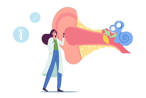 Крошечный врач-аудиолог с инструментальной проверкой Огромное больное ухо, отоларинголог Удерживающий инструмент Проверка слуха