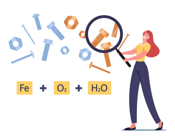 Minuscule personnage féminin tenant une énorme loupe Regardez la formule de réaction chimique de la corrosion métallique avec des vis ou des écrous — Image vectorielle