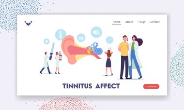 Ear Pain, Tinnitus, Otitis, Landing Page Template. Tiny Characters Doctors and Patients at Huge Human Ear Anatomy clipart