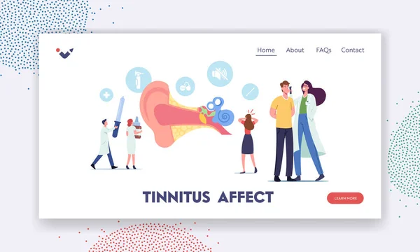 Oorpijn, Tinnitus, Otitis, Landingspagina Template. Kleine karakters Artsen en patiënten bij Enorme Menselijke Ooranatomie — Stockvector