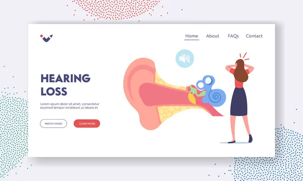 Ohrenschmerzen, Tinnitus, Otitis Landing Page Template. Winzige Weibchen, die unter Ache leiden, halten schwindelerregenden Kopf am riesigen menschlichen Ohr — Stockvektor