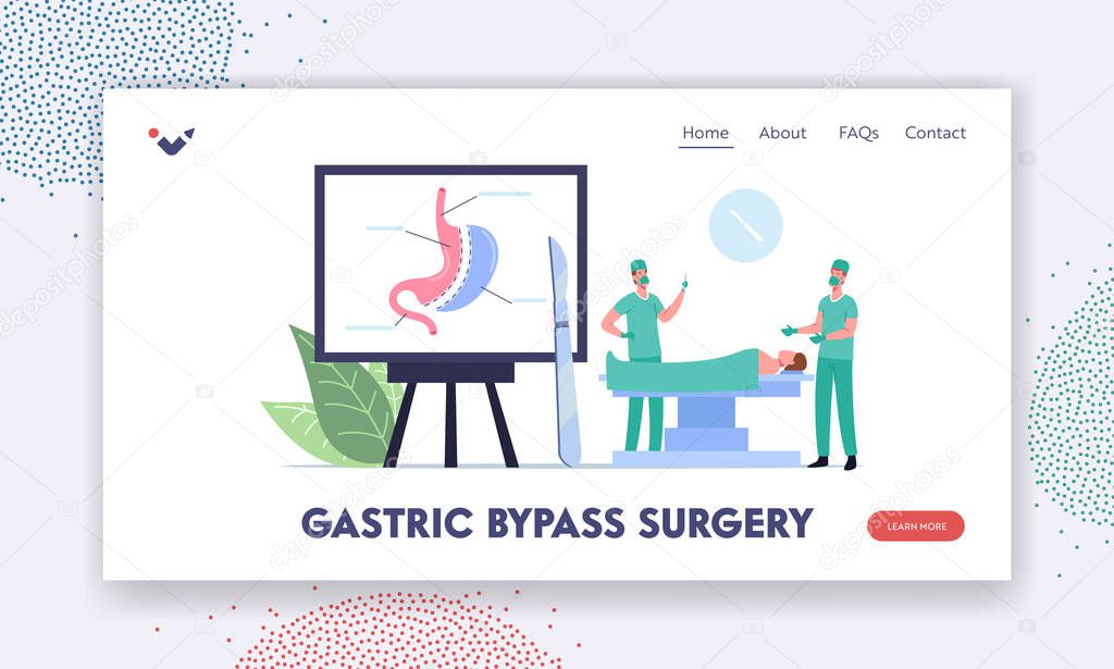 Gastric Bypass Surgery Procedure Landing Page Template. Surgeon Characters Make Operation Bariatric Surgery to Patient