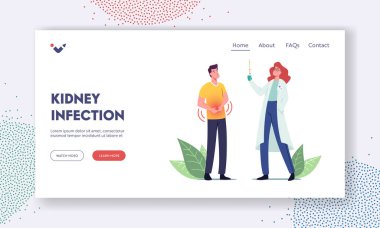 Üroloji Sistemi Hastalığı, İltihaplanma İniş Sayfa Şablonu. Hastalıklı Erkek Hasta Karakteri Üroloğu Ziyaret Eden Doktor