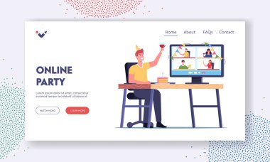 Sanal Doğum günü Ev Partisi İniş Sayfası Şablonu. Alkollü Şarap Kadehi Erkek Karakteri Bayramını Kutla