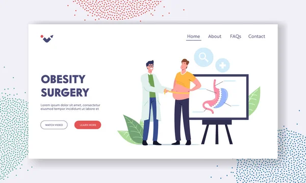 Gewichtsverlies Landing Page Template. Chirurg dokter mannelijke karakter meten taille van vet man voor te bereiden patiënt voor chirurgie — Stockvector