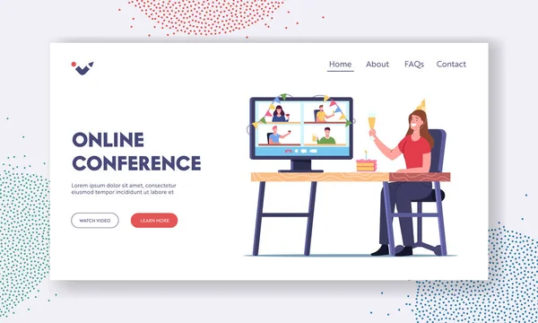 Çevrimiçi Parti İniş Şablonu. Kadın Karakter Bardağı Şampanyayla Kutlama Tatili ve Arkadaşlarla Sohbet