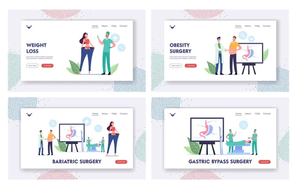Cirurgia Bariátrica Redução do Estômago Landing Page Template Set. Pacientes com excesso de peso Personagens com problemas de peso — Vetor de Stock