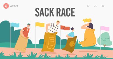 Sack Race Race İniş Şablonu. Mutlu Aile Karakterleri Anne, Baba ve Çocuklar Çantalara Atlıyor. Yaz Yarışması
