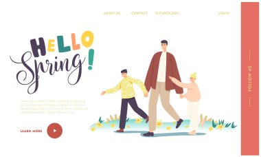 Merhaba Spring Landing Page Şablonu. Mutlu Aile Karakterleri Yürüyüşü, Çocuk Tutan Baba Birlikte Zaman Geçirin
