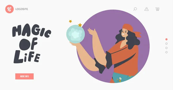 Modelo de página de aterragem Magic of Life. Ilusionista Executar Truque, Contador de fortuna com globo de cristal, Mágico com bola —  Vetores de Stock