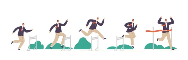 Hombre de Negocios Personaje Hurdle Jump, Running with Obstacles Competition. Empresario Saltando sobre Barreras, Cross Finish — Vector de stock
