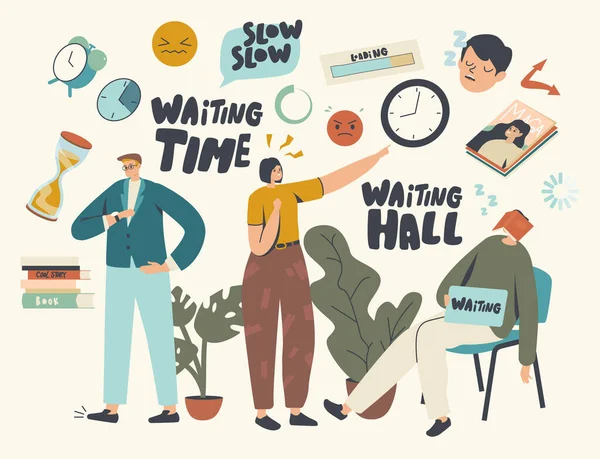 Langes Warten, langsames Zeitkonzept. Müde gelangweilte männliche oder weibliche Charaktere, die zu lange in Bürohallen, Flughäfen oder Krankenhäusern warten — Stockvektor