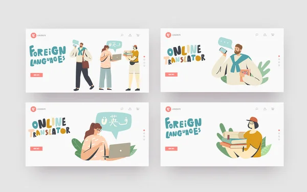 Personas Estudian Idiomas Extranjeros Landing Page Template Set. Los personajes utilizan servicios de traducción y traductor en línea — Vector de stock