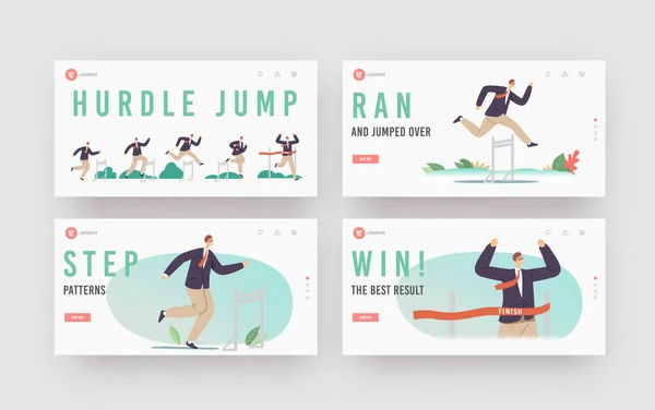 Hurdle Jump Landing Page Template Set. Personagem de homem de negócios correndo com a competição de obstáculos. Desafio do Empresário — Vetor de Stock