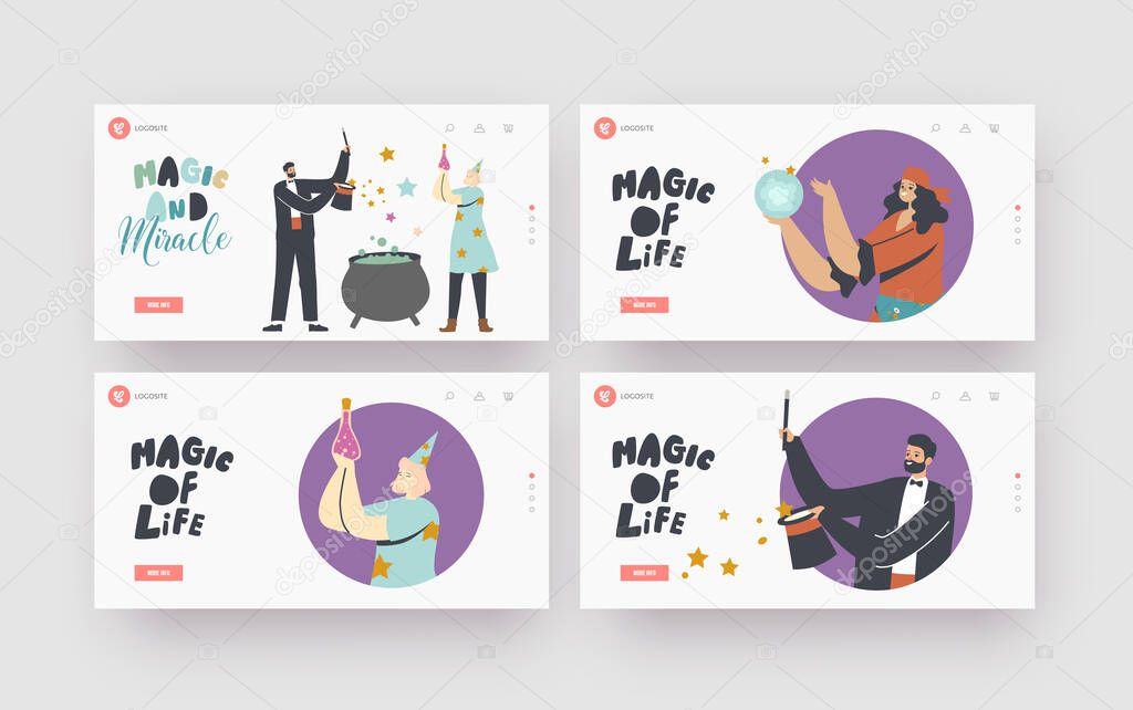 Magic Show Landing Page Template Set. Circus Magician Characters Perform Tricks with Top Hat, Crystal Ball and Cauldron