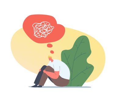 Depressed Unhappy Man Sit on Floor with Tangled Thoughts in Head. Male Character need Professional Psychological Help clipart