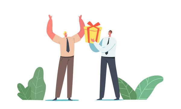 Personnage d'homme d'affaires donnant la boîte-cadeau enveloppée à un collègue joyeux pour l'anniversaire ou la célébration de l'événement. Félicitations ! — Image vectorielle