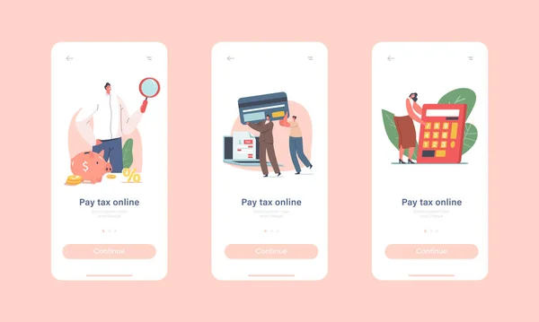 Personaggi pagano le tasse Online Mobile App Page Schermo di bordo Template. Persone con salvadanaio e calcolatrice tassazione online — Vettoriale Stock