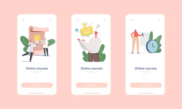 Online-Kurse Mobile App-Seite Onboard Screen Template. Winzige männliche Frauenfiguren auf großer Papierrolle und weißem Brett — Stockvektor