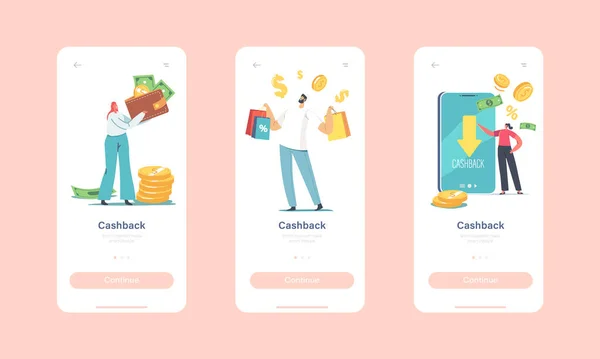 Cash Back Mobile App Page Onboard Screen Template. Glückliche Charaktere bekommen Geld zurück für Einkauf und Einkauf — Stockvektor