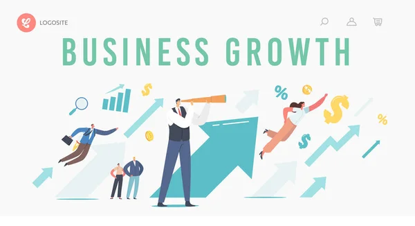 Financial Success, Career Growth Landing Page Template. Les gens d'affaires à la flèche montante énorme passer à la flèche de succès Graphique — Image vectorielle