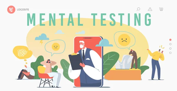 Mental Testing Landing Page Template. Psicoterapia Helpline, Consulenza Online. Depresso personaggio femminile e medico — Vettoriale Stock