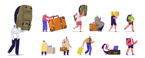 Set de Turistas Personajes con Equipaje. La gente va de vacaciones de verano con bolsas, Viaja en Resort con maleta — Vector de stock