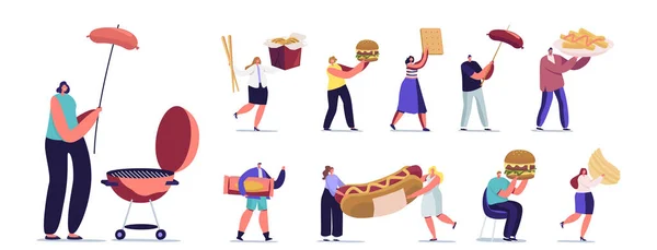 Set van kleine mannelijke en vrouwelijke karakters Interactie met Fastfood. Mannen en vrouwen met gigantische hamburger, hotdog met mosterd — Stockvector