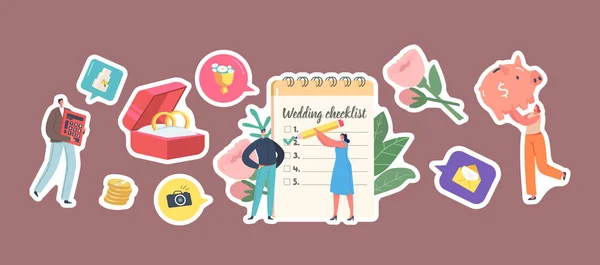 Set of Stickers Couple Planning Wedding, Male and Female Characters at Planner Fill Checklist before Marriage Ceremony - Stok Vektor