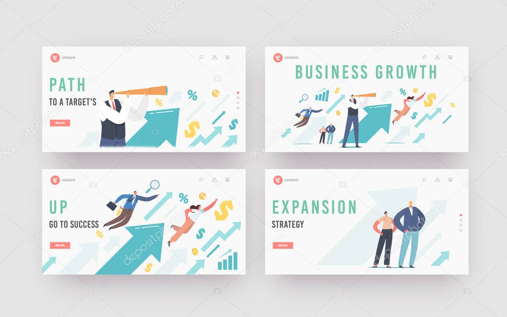 Financial Success, Career Growth Landing Page Template Set. Business People at Huge Rising Arrow Move to Success