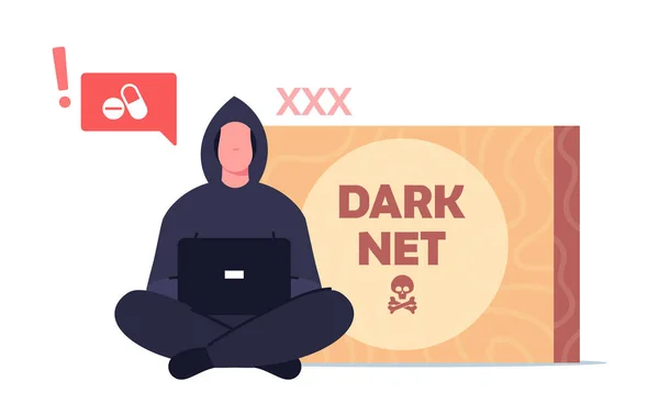 Hacker Criminal Male Character in Black Hoodie Sitting with Laptop in Hands Searching Hidden Information in Dark Net — Stock Vector