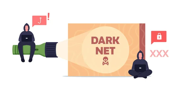 Hacker ou criminosos personagens masculinos com capuz preto sentado na lanterna com laptop em mãos Pesquisando informações escondidas — Vetor de Stock