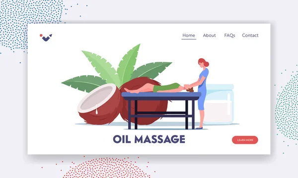 Lichaamsverzorging behandeling landing pagina Template. Vrouwelijk karakter liggend op tafel Ontvangst Ontspanning Massage met kokosolie — Stockvector