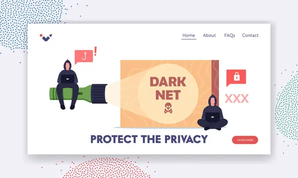 Proteja a privacidade no modelo Dark Net Landing Page. Hacker com capuz preto sentado na lanterna com laptop em Darknet —  Vetores de Stock