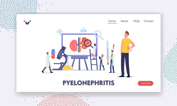 Pyelonephritis Landing Page Sablon. Apró orvosok nefrológus diagnosztizálása és konzultáció beteg vesebetegség — Stock Vector