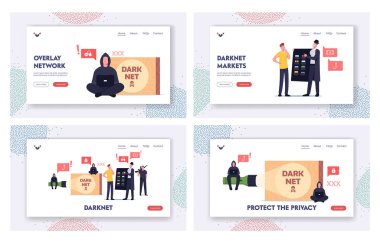 Dark Net İniş Şablonu Ayarlandı. Erkek Karakter Kullanıcı Siyah Pelerinli ve Şapkalı Suçlu 'da Yasak İçeriği Seçin
