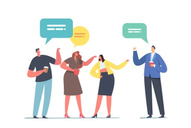 Meetup Coffee Mola sırasında insanlar Konuşma Baloncukları ile iletişim kuruyor. Genç Erkek ve Kadın Konuşuyor