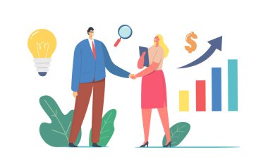 Başarılı bir iş ortaklığı. İş adamı ve iş kadını karakterleri tokalaşıyor. B2b Verisi veya Anahtar Performansı
