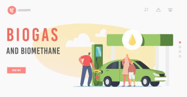 Biogas and Biomethane Landing Page Template. Worker Pumping Eco Petrol, Biodiesel Filling Auto to Woman with Child clipart