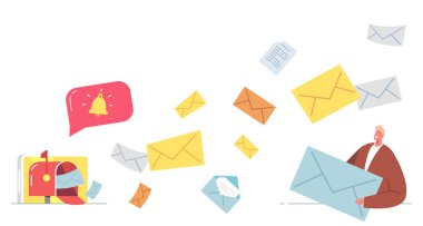 E-posta Pazarlama Konsepti. İş Adamı Karakteri Posta Kutusu 'nda Posta İleti Zarfları Uçuyor, Çöp Posta Kutusu