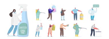 Dezenfektanlı bir grup insan. Dev Antibakteriyel Sıvı Şişeleri, Dezenfektan Sabunları olan Küçük Erkek ve Kadın Karakterler