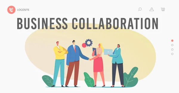 Business Collaboration Landing Page Template. Geschäftsleute schütteln Hände, wenn sie Produkte und Dienstleistungen verkaufen — Stockvektor