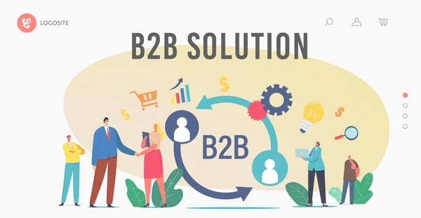 B2B Solution, Partnership Collaboration Landing Page Template. Podnikatel a podnikatelek Postavy třesoucí se ruce — Stockový vektor