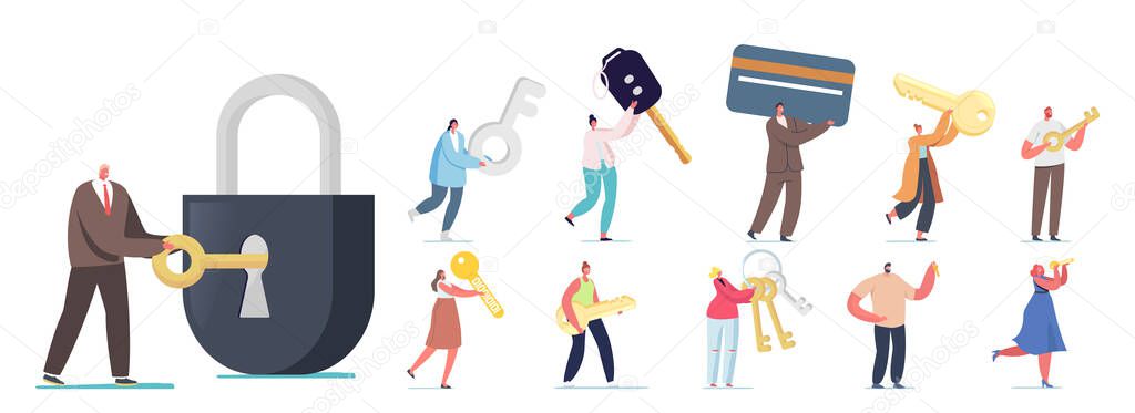 Set of People with Different Keys. Tiny Male and Female Characters Holding Electronic Card, Open Huge Lock, Digital Key