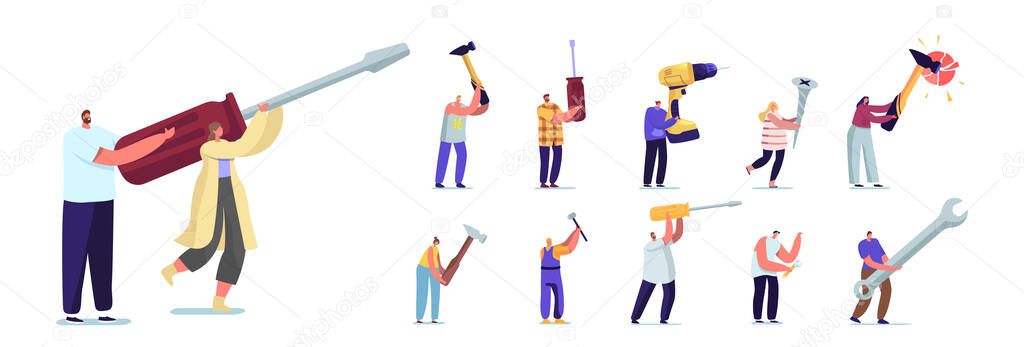 Set of People with Hand Instruments. Tiny Male and Female Characters Holding Huge Tools Screwdriver, Hammer and Wrench