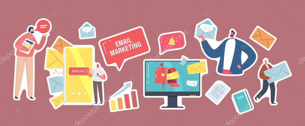Set of Stickers Email Marketing Theme. Business Characters with Paper Envelopes, Computer Desktop, Ringing Bell and Grow Chart, Smartphone and Letters in Mailbox. Cartoon People Vector Illustration