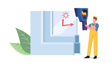 Pencere Pvc Profil Çapraz Bölüm Görünümü 'ndeki Küçük İşçi Cam Yüzey Sıcaklığını Ölçen Plastik Cam Sunar