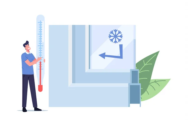 Tiny Man with Huge Thermometer at Window Pvc Profile Cross Section Zobacz prezentację Nowoczesna technologia, Szkło plastikowe — Wektor stockowy