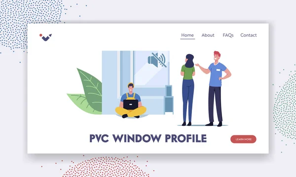 Modèle de page d'atterrissage de profil de fenêtre Pvs. Tiny Salesman caractère présentant énorme insonorisé triple verre hermétique — Image vectorielle