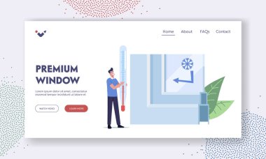 Premium Pencere İniş Şablonu. Pvc Profilinde Büyük Termometreye sahip Küçük Erkek Karakter Sunar Plastik Cam